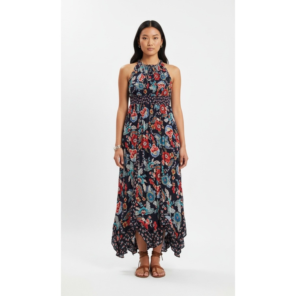 Bila Floral Halter Maxi Dress Navy Blue Smocked Waist Handkerchief Hem XL